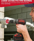 Person using DIY Friendly Plastic Pipe Fitting Reamer for One and a Half Inch PVC Schedule 40 Pipe with a drill