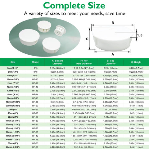 Size chart and dimensions of 1-1/2 Inch Plastic Hole Plugs Flush Snap-In Round Hole Covers for Cabinets, Furniture, Shelves and Cupboards.