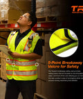 Next Level Breakaway High Visibility Safety Vest With Quick Snap Off Panels And Crisp Reflective Strips For Rugged Outdoor Worksites In Roomy XXXL Cut, worn by a man in a warehouse.