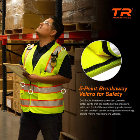 Next Level Breakaway High Visibility Safety Vest With Quick Snap Off Panels And Crisp Reflective Strips For Rugged Outdoor Worksites In Roomy XXXL Cut, worn by a man in a warehouse.