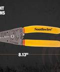 10-12 AWG NM Cable Wire Stripper And Cutter With Ergonomic Handles And Serrated Nose, measurements shown, 8.13x2.19 inches