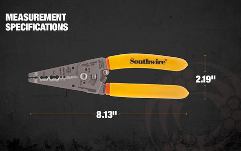 10-12 AWG NM Cable Wire Stripper And Cutter With Ergonomic Handles And Serrated Nose, measurements shown, 8.13x2.19 inches