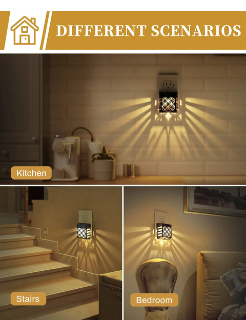 Two Pack Plug In Night Lights With Dusk To Dawn Sensor in kitchen, stairs, and bedroom, adjustable brightness, soft white glow
