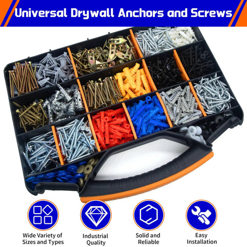 Grab And Go 1332 Piece Drywall Anchors And Screws Kit With 21 Sizes M8 M12 M13 Plastic Expansion Anchors storage case