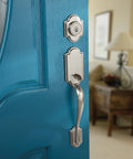 Front Door Lock Set With Deadbolt And Reversible Lever Handleset, Satin Nickel Exterior Finish on a blue door