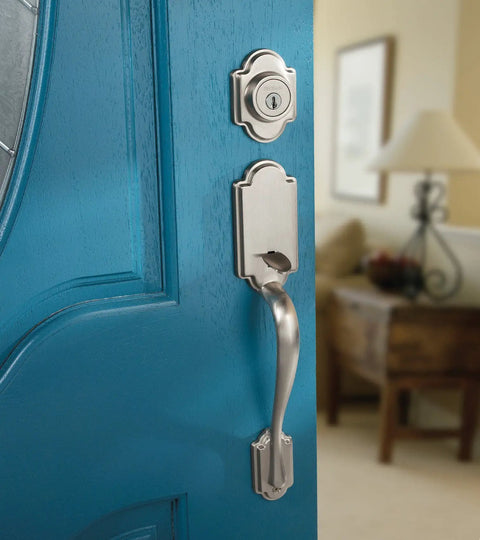Front Door Lock Set With Deadbolt And Reversible Lever Handleset, Satin Nickel Exterior Finish on a blue door