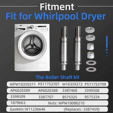 Tough As Nails Dryer Drum Support Roller Shaft Kit With Upgraded Front And Back Rollers, fits Whirlpool Dryer with nuts and washers.