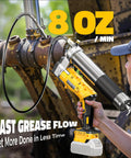 Cordless 12000 PSI Grease Gun with 39 Inch Hose, Dual Pistol and Inline Grip, works with bulk or cartridge grease, compatible with DeWalt 20V batteries, tool only, shown in use on machinery