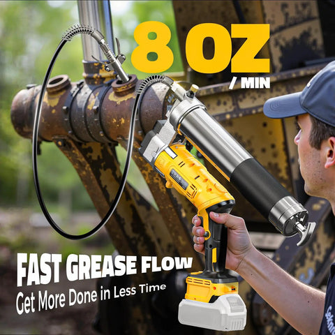 Cordless 12000 PSI Grease Gun with 39 Inch Hose, Dual Pistol and Inline Grip, works with bulk or cartridge grease, compatible with DeWalt 20V batteries, tool only, shown in use on machinery