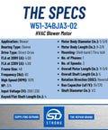 HVAC Blower Motor Three Quarter HP One Phase Three Speed 208 And 230 Volt 1075 RPM specs table with dimension details
