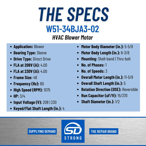 HVAC Blower Motor Three Quarter HP One Phase Three Speed 208 And 230 Volt 1075 RPM specs table with dimension details