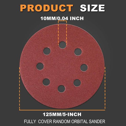 5 Inch 8 Hole Hook And Loop Sanding Discs Set With 160 Pcs Grit size illustration on a black background