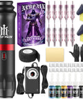 All In One Tattoo Machine Kit With Pen For Beginners And Pros RCA Power Supply With Voltage Control 10 Cartridge Needles 7 Vibrant 5ml Inks