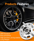 Front And Rear Wheel Hub Bearing Assembly With 5 Lug And ABS For Chevy Malibu Impala Buick Lacrosse Regal 2010 2017 Fits Front Or Rear Axle OE Quality Durable Bearing Set For A Smooth Quiet Ride shown next to a car wheel highlighting product features such as OEM standard and rust prevention.
