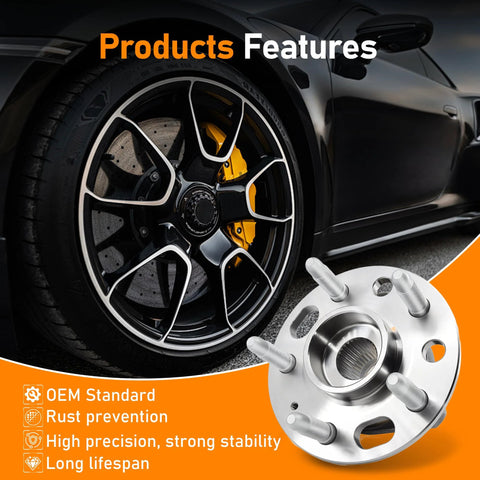Front And Rear Wheel Hub Bearing Assembly With 5 Lug And ABS For Chevy Malibu Impala Buick Lacrosse Regal 2010 2017 Fits Front Or Rear Axle OE Quality Durable Bearing Set For A Smooth Quiet Ride shown next to a car wheel highlighting product features such as OEM standard and rust prevention.