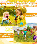 Children playing with Disk Helicopter Toy Set With 12 String Launchers And 24 Flying Saucers for outdoor fun and party favors.