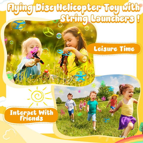 Children playing with Disk Helicopter Toy Set With 12 String Launchers And 24 Flying Saucers for outdoor fun and party favors.