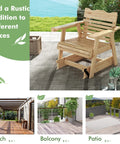 Outdoor Fir Wood Glider Chair With Hidden Rotatable Cup Holder And Curved Seat For Porch Patio And Backyard Natural Finish Noiseless Swing on a patio.