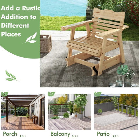 Outdoor Fir Wood Glider Chair With Hidden Rotatable Cup Holder And Curved Seat For Porch Patio And Backyard Natural Finish Noiseless Swing on a patio.