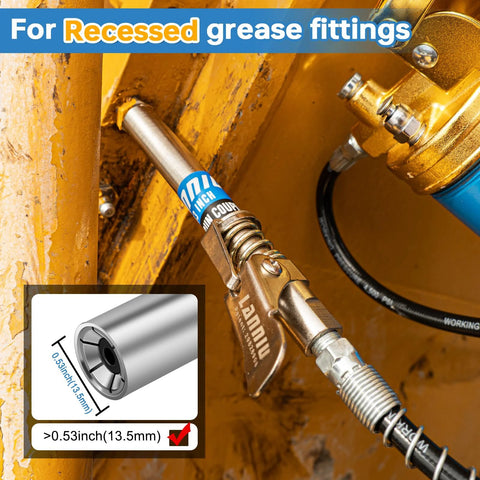 LANNIU grease gun coupler kit installed on a yellow machine grease fitting with 90° adapter and needle tip.