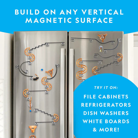 Magnetic Marble Run 75 Piece STEM Building Set on refrigerator showing tracks and trick pieces creating a marble maze