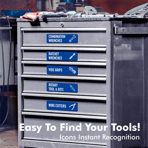 Heavy Duty Magnetic Toolbox Labels 90 Pack With 82 Already Labeled Hand Tool Tags And Blank Workspace Stickers For Steel Drawers Crisp Blue Finish Keeps Your Gear Locked Tight And Ready To Roll