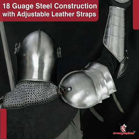Medieval Pauldron Armor For LARP And Cosplay, 16 Gauge Polished Steel Shoulder Armor With Adjustable Belt And Buckle