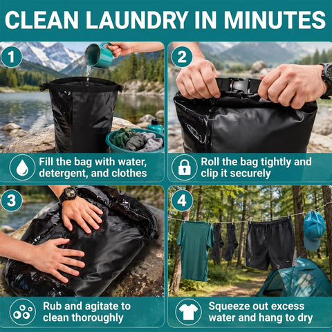 Step-by-step guide on using Grab And Go Portable Travel Washing Machine With Retractable Clothesline For Hotels Cruises And Camping Easy Manual Hand Wash Bag.