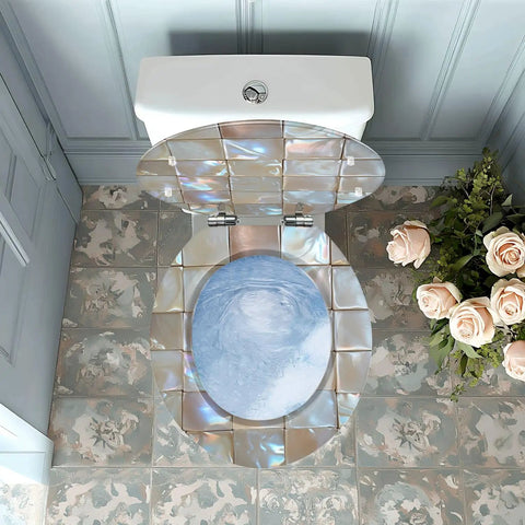 Round Resin Toilet Seat for Bathroom with iridescent design, positioned over the toilet bowl in a stylish bathroom setting.