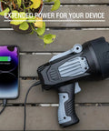 Ultra Bright Rechargeable Spotlight 2,000,000 Lumens LED Handheld Flashlight With 3 Color Lenses charging a smartphone