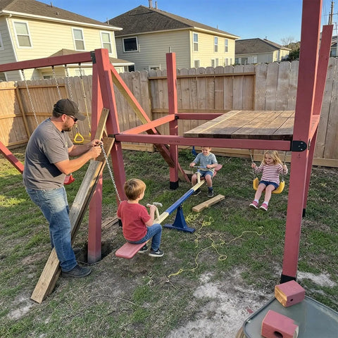 Man working on playground structure while children play on swings and a seesaw in a backyard with wooden pergola.