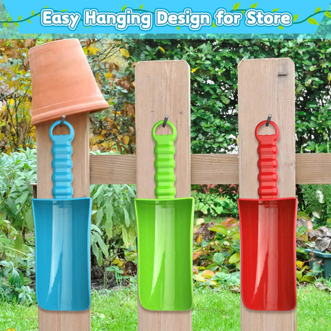Big 9 Inch Beach Sand Shovels Set For Kids And Adults hanging on a wooden fence with clay pot, showing easy storage design