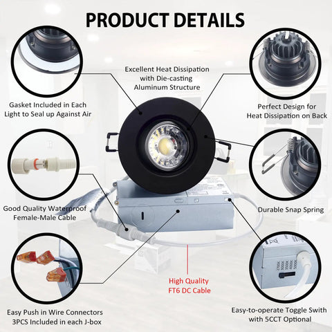 Canless Recessed Gimbal Downlight 3 Inch Eyeball Spotlight 8W Dimmable With 5 CCT Adjustable Product Details Diagram