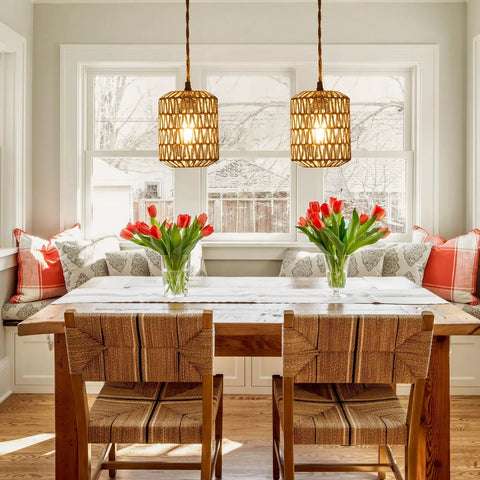 Handcrafted Boho Rattan Plug In Pendant Light With Six Watt Led Bulb And Warm 3000k Glow featuring dimmer switch over a cozy dining space.