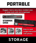 Master Inner Tie Rod Removal Tool Kit 13 Pieces in heavy-duty blow mold case, showing storage and usage instructions.