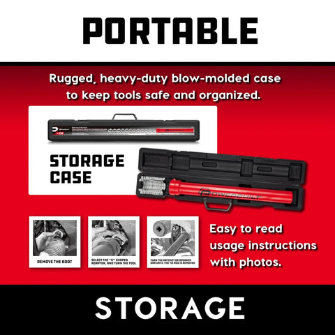 Master Inner Tie Rod Removal Tool Kit 13 Pieces in heavy-duty blow mold case, showing storage and usage instructions.