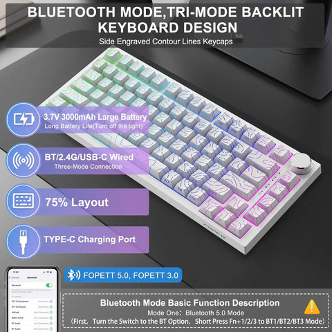 Fresh White 75 Percent Wireless Mechanical Keyboard With Volume Dial Knob And Hot Swap Sockets Tri Mode Bluetooth USB C Wired RGB Backlit showcasing side engraved keycaps.