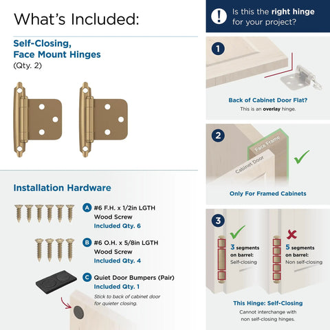 Variable Overlay Self-Closing Face Mount Cabinet Hinge In Champagne Bronze Finish with installation hardware and instructions