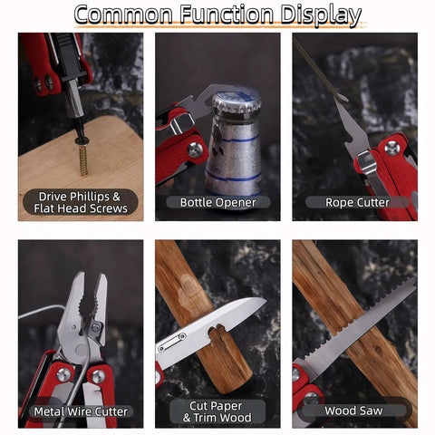 15-In-1 Spring Loaded Multitool Pliers showcasing screwdrivers, bottle opener, rope cutter, wire cutter, scissors, saw, red