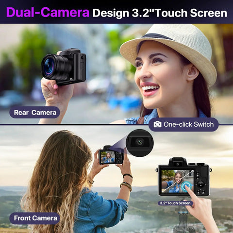 Dual camera setup with 3.2-inch touch screen on 8K Ultra HD Vlogging Camera With WiFi, Autofocus And 88MP Still Photos