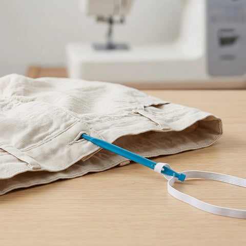 Fabric Loop Tube Turner Sewing Tool For DIY Crafting And Garment Making, Handy Threading Device For Hand Knitting And Craft Projects, Plastic And Metal Materials, Versatile Reliable Beginner Friendly Go To Helper used with white elastic in beige fabric tube