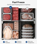 Badass 7 Cubic Foot Upright Freezer With Five Adjustable Shelves Built To Hoard All Your Frozen Steaks And Holiday Meal Prep Compact Standup Deep Freeze For Home Kitchens filled with various frozen meats.