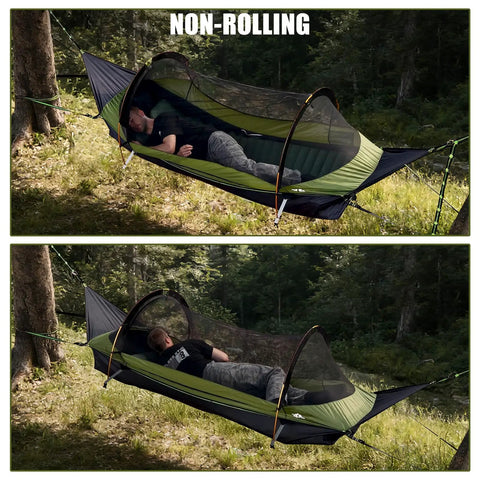 Flat Lay Hammock Tent With Bug Net And Waterproof Rain Fly For One Person, Lightweight Backpacking Gear, in use outdoors