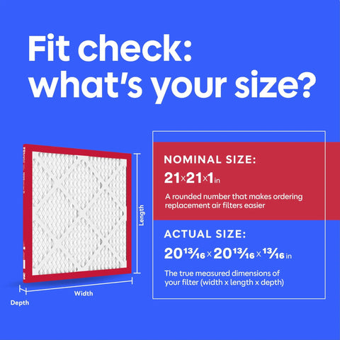 Diagram showing nominal size 21x21x1 and actual size 20 13/16x20 13/16x13/16 for Six Pack 21x21x1 Air Filters With MERV 11 MPR 1000