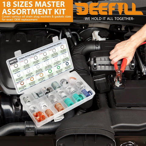 Mechanic using the Oil Drain Plug Gasket And Washer Set 200 Pcs In 18 Sizes For Toyota Subaru Chevrolet in engine bay