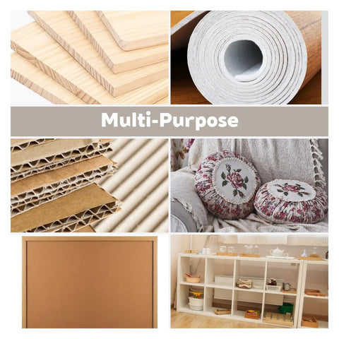 Multi-purpose materials including wood sheets, burlap roll, cardboard, fabric pillows, and a display shelf