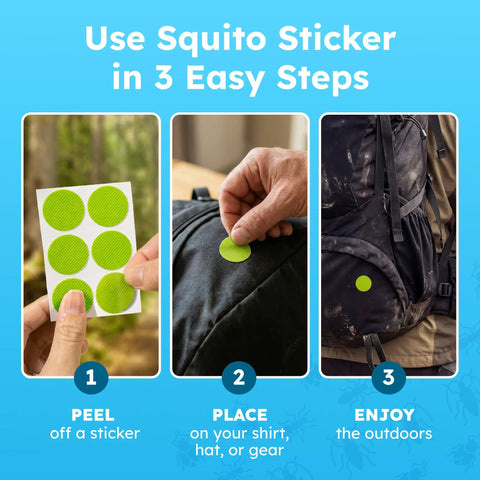 Steps to use Squito Stickers Mosquito Repellent Patches 78 Patch Pack DEET-Free All Natural Citronella Oil