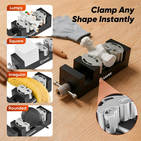 Kickass Smart Fractal Mini Bench Vise With Self Adjusting Dual Jaw Precision Clamp For Drill Press Circuit Boards Pipes And Odd Parts A Hella Useful Diy Workbench Staple shown clamping various shapes like a banana and a statue.