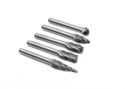 Five-piece carbide burr set with 1/4 in shanks for aluminum, for die grinder and metal engraving