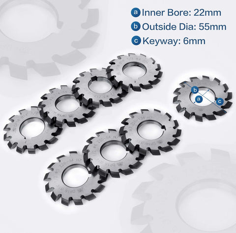 Beefy Gear Cutter Set For Lathe And CNC Mills DP16 Involute With 14.5 Degree Bore 22 R8 Shank Milling Arbor Holder Includes No.1 Through No.8 Gear Cutters Alloy Steel Tools For Precision Milling And Gear Machining showing 22mm bore and 55mm outside diameter.